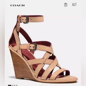 Coach Beige/Tan Strappy Leather Wedge Sandals with Burgundy Lining
